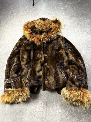 Luxury Brown Faux Fur Jacket Fur Trim Hood Cropped Winter Coat Vintage Style