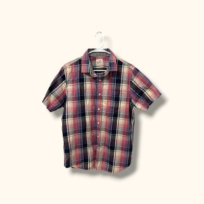 Howe Shirt Mens L Short Sleeve Plaid Button Up Cotton Pocket Casual Red Blue