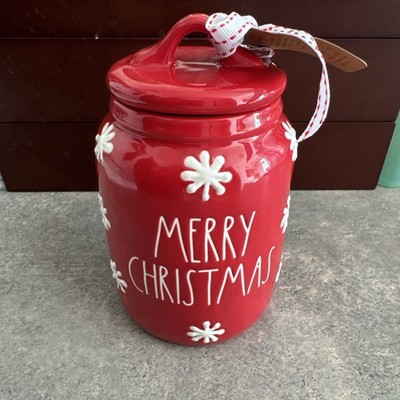 Rae Dunn MERRY CHRISTMAS Baby Red Canister with White Snowflakes Cute!!! NEW
