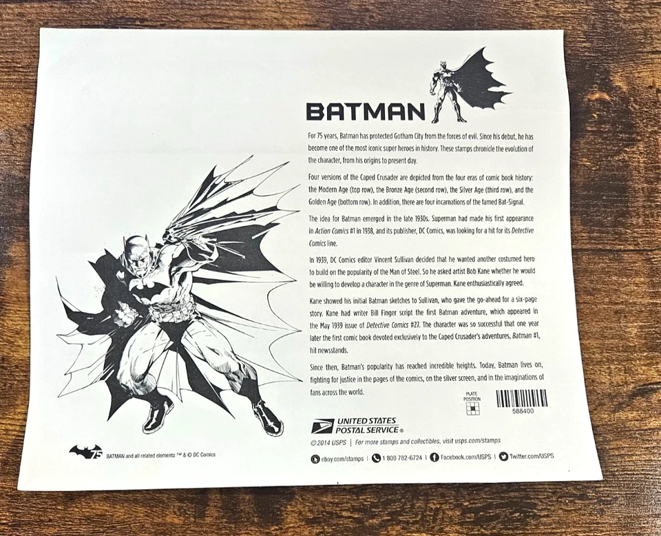 2014 DC Comics Batman Forever Stamps Sheet Of Twenty NOT Sealed - Image 2 of 2