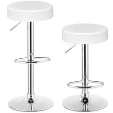 Set of 2 Adjustable Round Leather Seat Hydraulic Swivel Bar Stool White