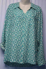 NY Collection blue geometric print long roll-tab sleeve button front shirt 1X