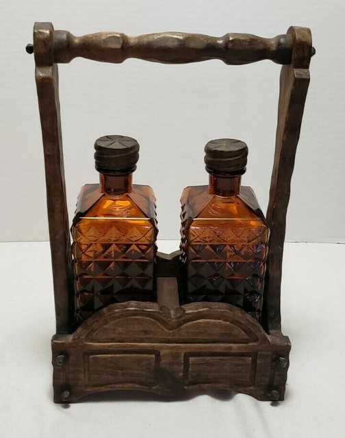 Vintage Decanter Set in Music Box Wood Carrier Bourbon Scotch eBay
