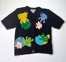 Jack B Quick Vintage Black Cardigan Short Sleeve Sweater Colorful FROGS Size PM