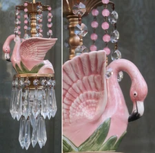 Tropical Pink Flamingo porcelain Bird Ceiling Lamp Chandelier Glass Crystal Bead