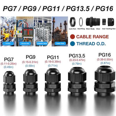 PG7/9/11/13.5/16 Nylon Cable Gland Connector w/ Gasket & Locknut IP68 Waterproof