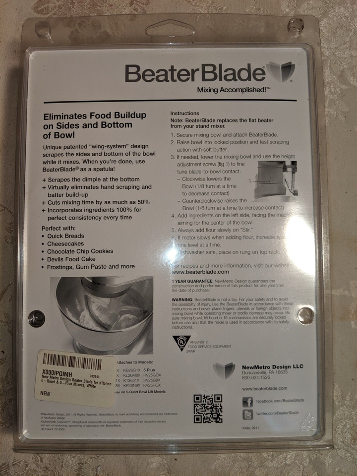 KitchenAid KA6L beater blade with rubber scraper in sealed package