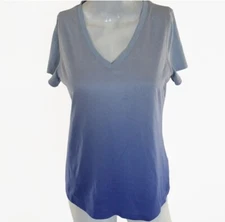 Layer8 T Shirt Women Medium Blue Ombre Short Cap Sleeves V Neck Stretch Sporty