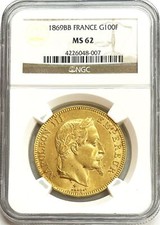 1869 BB GOLD FRANCE 100 FRANCS NAPOLEON III COIN NGC MINT STATE 62