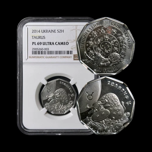 UKRAINE. 2014, 2 Hryvni, Silver - NGC MS69 - Kid's Zodiac, Taurus RARE
