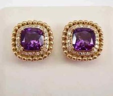 2 Ct Cushion Cut Lab-Created Amethyst Halo Stud Earrings 14K Yellow Gold Plated