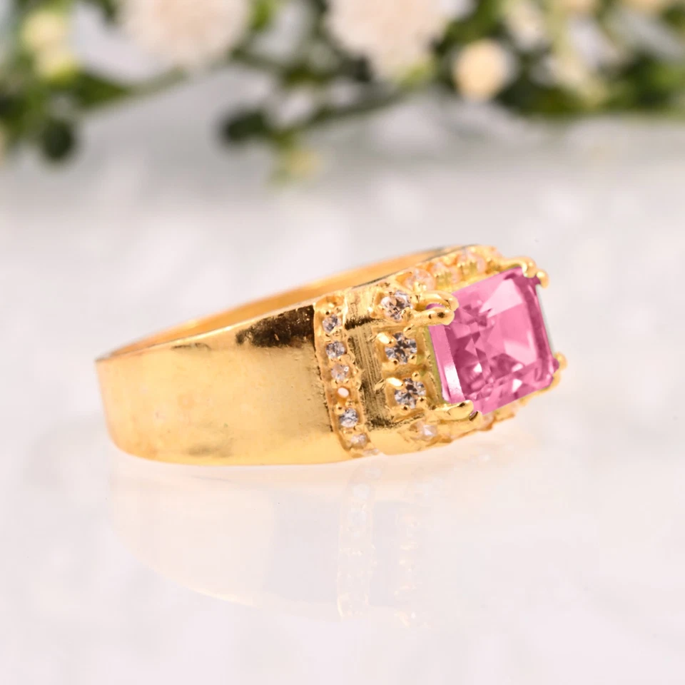 Men’s 14K Yellow Gold Ring, Pink Tourmaline Emerald Cut Natural Gemstone Ring. - Image 3 of 3