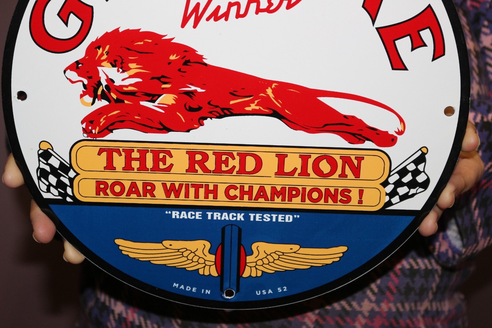 Gilmore Red Lion Gasoline Indy 500 Winner Gas Station Porcelain Metal