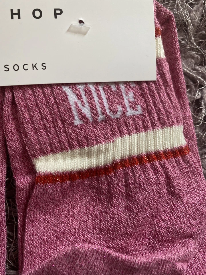 Ladies/Girls Pink Glittery Naughty And Nice Christmas Themed Cotton Ankle Socks - Image 3 of 3