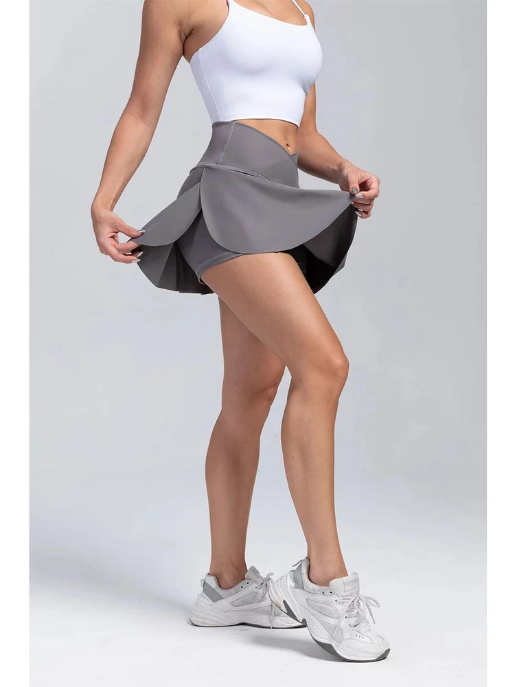Pleated Tennis Skirt with Pockets Shorts Athletic Skirts Crossover High Waisted
