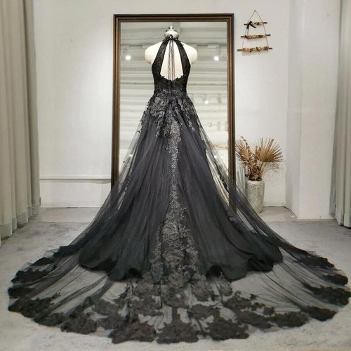 Robes de mariée gothiques noires en dentelle col montant dos nu balayage train robes de mariée - Photo 3/13