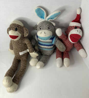 Lot Of 3 Sock Monkey  Brown Posable , Bunny Blue Stripe Shirt , Red Monkey Santa