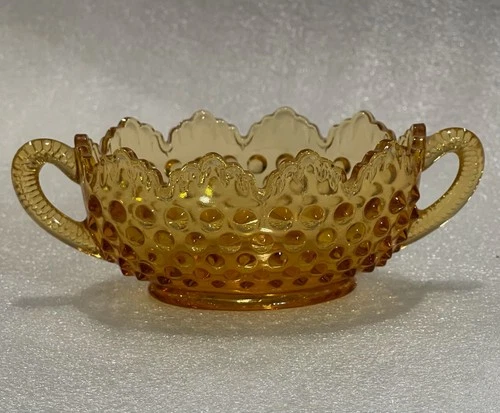 Vintage Amber Depression Glass Hobnail Double Handle Decorative Bowl