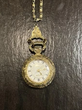 Vintage 1928 Pendant Watch Necklace Gold Tone Ornate Chain Faux Quartz Japan