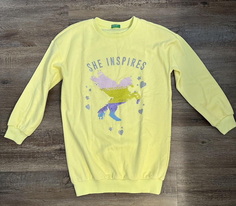 United Colors Of Benetton Girls XL Yellow Sequin Unicorn “She Inspires”
