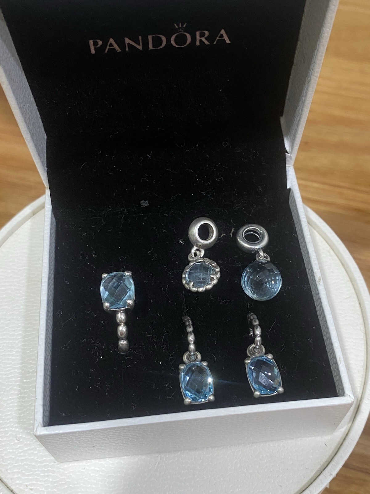 Rare Pandora Cool Breeze Blue Topaz Drop Dangle Charm, Earrings & Ring Set Sz 58
