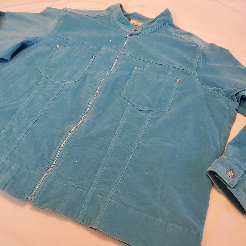 Quacker Factory 3X Blue Corduroy Rhinestone Sequin Full Zip Long Sleeve Jacket - Image 4 of 4