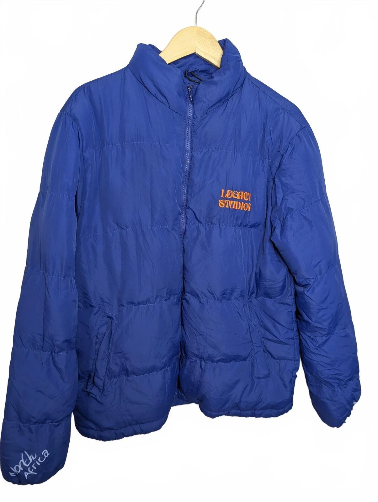 Legacy Studios Blue Puffer Jacket Mens S North Africa Logo Padded Zip Warm Coat