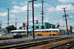 LAMTA. PCC CARS 3118/3075. Vernon Avenue (CA). Original Slide 1958.
