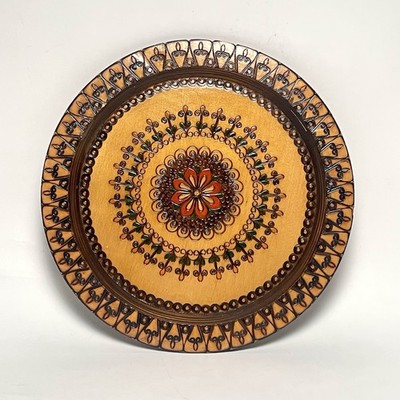 Wooden Carved Wall Plate Polish Bohemian Mandala Folk Art Pyrography Vintage 12 