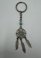 Silvertone Dreamcatcher Keychain Blue Bead 3 Feather Charm Key Ring 4"