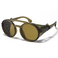 Polarized Round Steampunk Sunglasses with Leather Side Double Bridge Shield R...