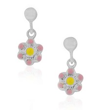925 Sterling Silver Light Pink Enamel Flower Girls Dangle Drop Earrings, 0.60"