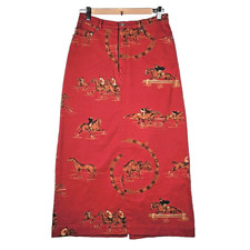 Vtg 80s Polo Ralph Lauren Equestrian Horse Print Denim Maxi Skirt Red Sz 10