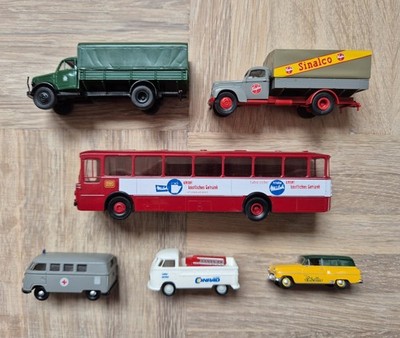 6 Stück Brekina Fahrzeuge LKW, PKW, Bus Opel, VW, Ford, MB Borgward Maßstab 1:87