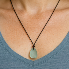 Sea Glass Blue Pendant Necklace Leather Cord .925 Silver Clasp Handmade NWOT