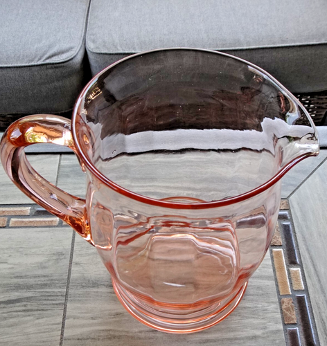 8" MacBeth - Evans Large Pink Depression Glass Ringed Optic Glass Pitcher - Picture 8 of 12