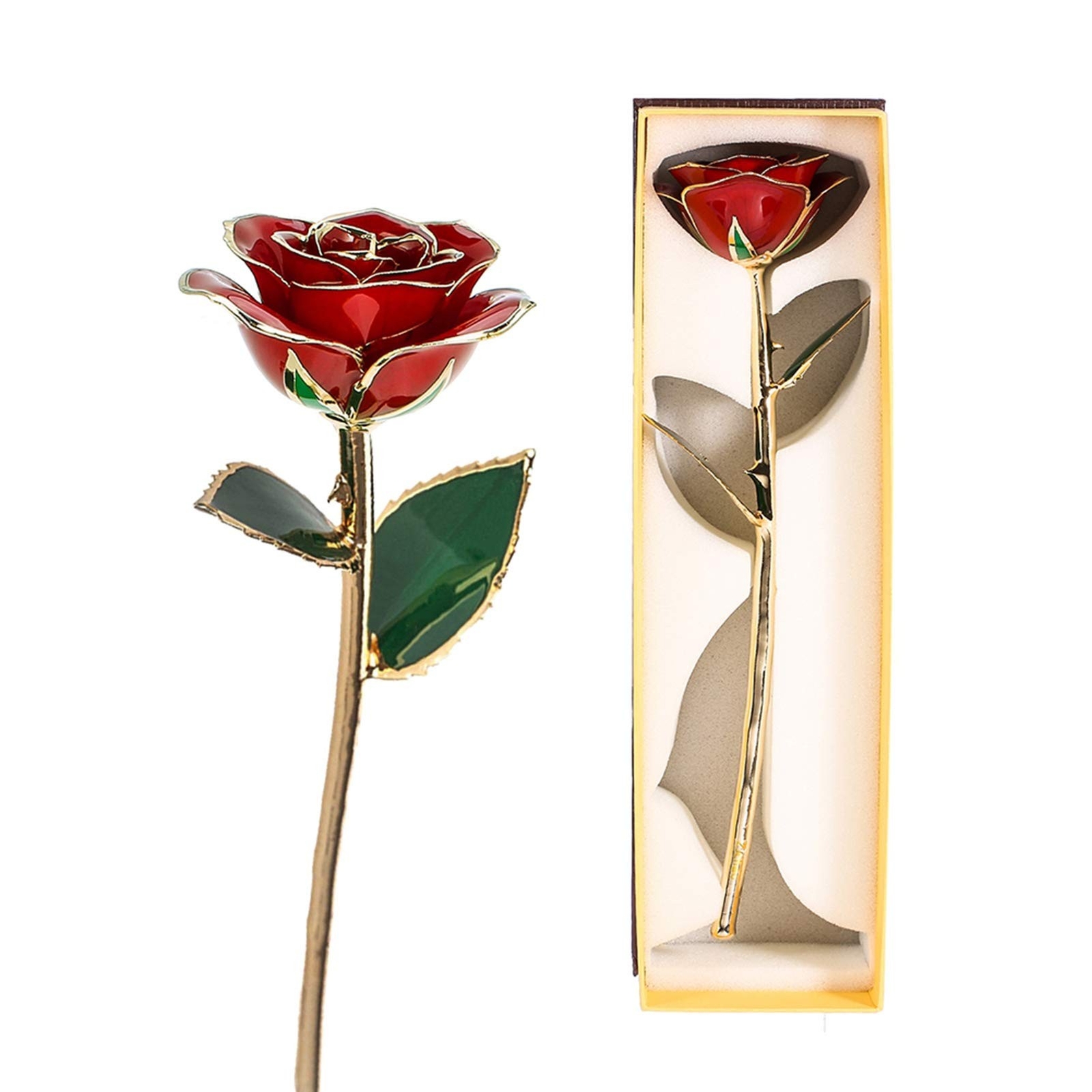 Fydun Senior Golden Rose Green Leaf red Long Stem Dipped 24k Gold Rose in Gif...