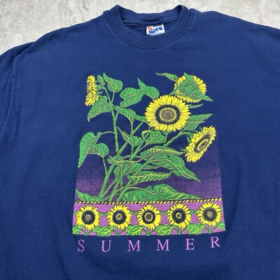 Vintage 90s Summer Sunflower T-Shirt Blue Nature Flowers Hanes