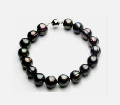 AAA 12-11mm tahitian black green baroque pearl bracelet 8'' 14K White Gold