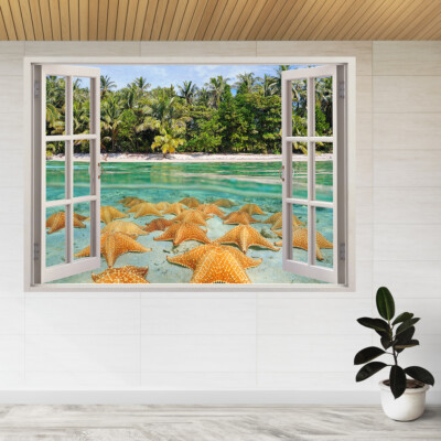 Tropischer Stern Fisch Meer Strand 3D Fenster Blick Wandaufkleber Poster Aufkleber A944