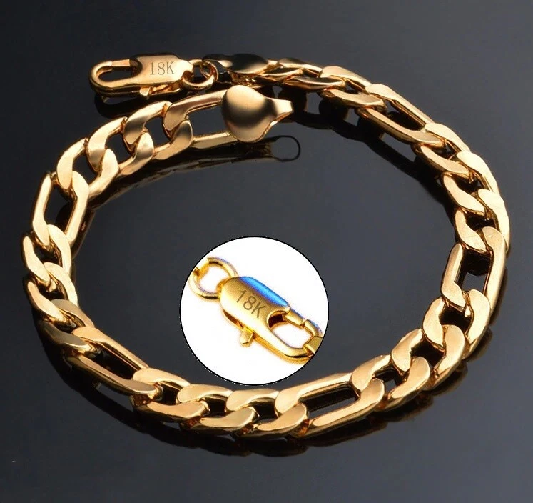 Brazalete de cadena de eslabones Figaro grande de 9 pulgadas enchapado en oro de 18k sobre latón para hombre D698 Foto 2 de 4