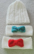 Hand KNIT HAT plus 2 bow headbands set SIZE XS/SMALL New