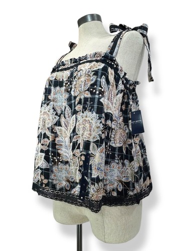 LUCKY BRAND Tank Top Women L Floral Paisley Print Easy Tie Boho Tank Square Neck
