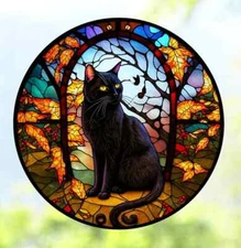 Black Cat Faux Stained-Glass WINDOW CLING Sun-catcher Size 8" Round