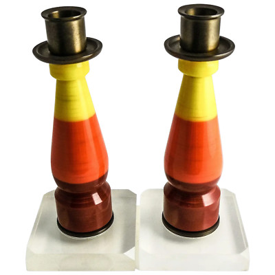 Modern Lucite, Bakelite and Brass Pair of Candlesticks, Mid-Century, RARE