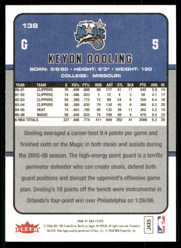 2006-07 Fleer: Keyon Dooling 100 Orlando Magic #138 - Picture 2 of 2
