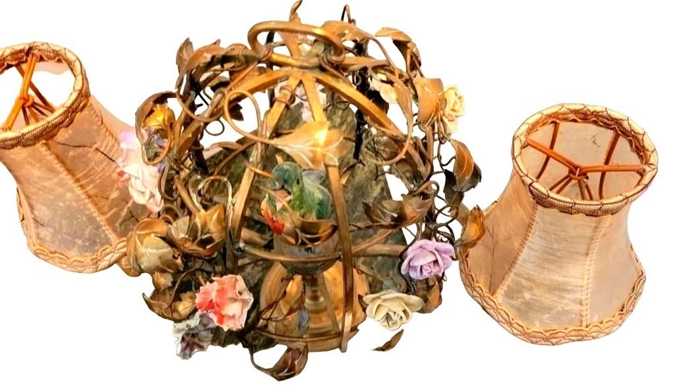 Antique French Tole 2 Arm Candelabra Bird Cage Lamp w/Enamel Flowers Silk Shades - Image 2 of 4