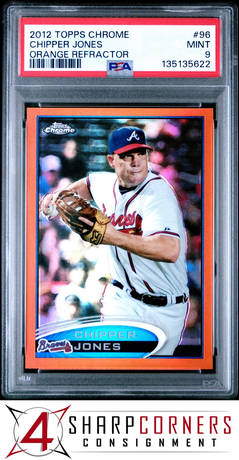 2012 TOPPS CHROME ORANGE REFRACTOR #96 CHIPPER JONES HOF POP 6 PSA 9