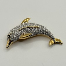 Swarovski Signed Gold Tone Pave Clear Crystal Dolphin Brooch Pin Vintage