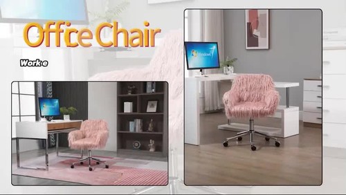 Swivel Faux Fur Office Chair, Vanity Chair w/ Adjustable Height, Wheels, Pink - Video 1 of 1